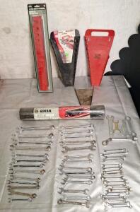 (1) 4-Piece Magnetic Wrench Rack Set, (1) 18" x 72" Roll Of Tool Drawer Liner, (3) Wrench Organizers & Assorted Box End Wrenchs