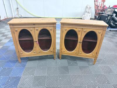 Pair of Wooden Cabinets with Metal Mesh Doors, Natural Wood Finish 30 in height x 24 in width x 12 in depth