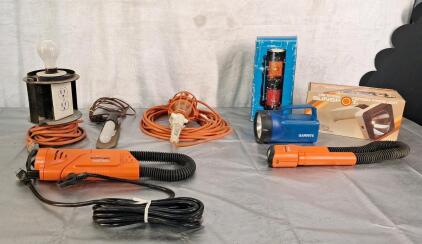 (4) Corded Shop/Utility Lights (4) Battery Operated Lights & Box Of Assorted Extension Cords & More