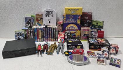 (1) Magnavox VCR *tested, powers on* (4) 12" Marvel Figures, Gamora, Drax, Groot and Ultron (16) VHS Movies (see photos) (16) Board Games (please see photos) (5) DVDs (please see photos) (2) XBOX 360 Games Destiny and Rock Band 2 (10) Decks of Playing Car