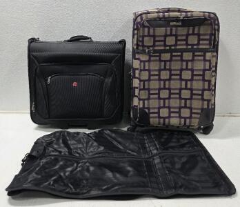 (1) SwissGear Zurich Wheeled Rolling Garment Bag 24" x 24" x 9.5", 46" open length, Black (1) Nine West Softside Spinner Suitcase 30" x 19" x 12" unexpanded.