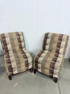 Pair of Accent Chairs, Multi-colored Geometric Pattern, Wood Legs approximately 30 inches (76 cm) height x 24 inches (61 cm) width x 30 inches (76 cm) depth