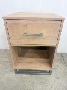 Light Wood Tone Nightstand with Drawer and Open Shelf, Metal Legs approx. 24 in x 18 in x 16 in (61 cm x 46 cm x 41 cm)