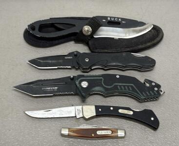 (5) Knives Including: Buck, Gerber, and Schrade Knives, Fixed and Folding Blades.