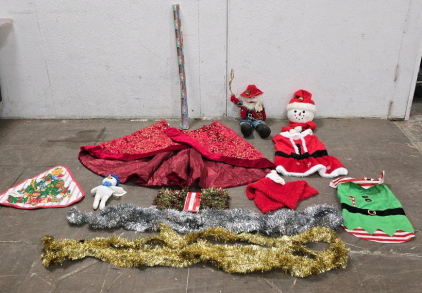 Red Velvet Tree Skirt, Caroling Cowboy Santa" animatronic Christmas,vintage collectible placemat featuring characters resembling David the Gnome and other gnomes, Holiday Time Tinsel Garland<br/>Colors: Red and Green mix<br/>Length: 15 feet (4.6 meters ) 