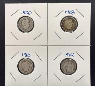 Set of Four Barber Dimes: 1900, 1908, 1910, 1914, 90% Silver