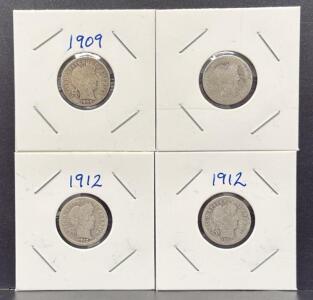 (4) Total 1909 & 1912 Barber Dimes, 90% Silver, U.S. Coinage by Charles E. Barber