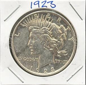1923 United States Peace Dollar Coin, Silver, No Mint Mark