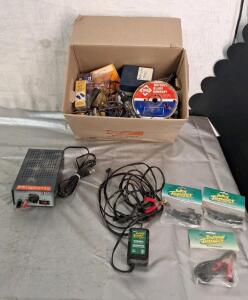 (1) 3Amp/13.8Vdc Power Supply, (1) Battery Tender Automatic Charger/ Maintainer & Box Of Assorted Automotive Electric Hardware