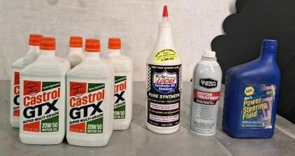 (5) Quarts Of Castrol GTX 20W-50 Motor Oil, (1) 32-Oz Bottle Of Lucas Synthetic Oil Stabilizer, (1) 16-Oz Bottle Of Super Tech Motor Treatment Additive & (1) Quart Of Power Steering Fluid