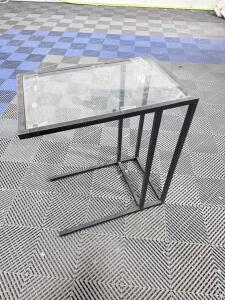 Glass and Metal Side Table, Black Frame, Clear Glass Top approximately 18 in x 12 in x 24 in (45.72 cm x 30.48 cm x 60.96 cm)