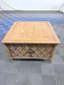 Vintage Wood Coffee Table with Storage, Lattice Pattern Doors Approx 30 in x 30 in x 20 in (76 cm x 76 cm x 51 cm),