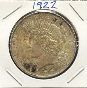 1922 Peace Dollar, United States Coin, 90% Silver, 38.1mm Diameter