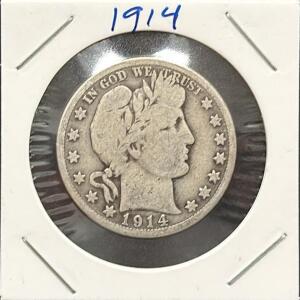 1914 Barber Half Dollar Coin, San Francisco Mint, 90% Silver Composition