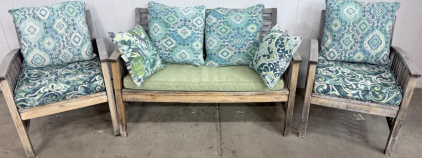 Outdoor Patio Furniture Set, Wooden with Blue/Green Cushions, 3 Pieces approximately 60" L x 30" D x 35" H, dimensions for chairs approximately 30" L x 30" D x 35" H,