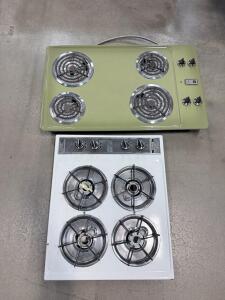 (2) Tappan 4-Burner Cooktops, Gas & Electric, Green & White, Knob Controls