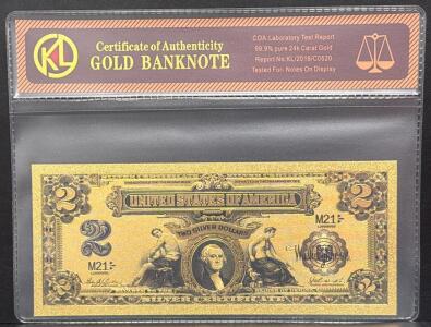 24k Gold-Plated $2 Silver Certificate Replica with COA, Serial M21