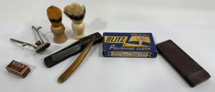 Assorted Vintage / Antique Barber Items & Vintage Blitz Polishing Cloth