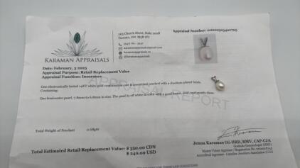 7.8mm x 6.8mm Freshwater Pearl In 14KT White Gold Pendant W/COA