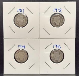 1911, 1912, 1914, 1916 Barber Dimes, 90% Silver, U.S. Coins