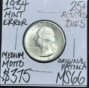 (1) 1934 MS66 Mint Error Medium Motto Silver Quarter