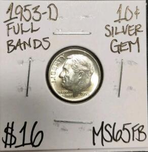 1953-D MS65FB Full Bands Gem Silver Dime