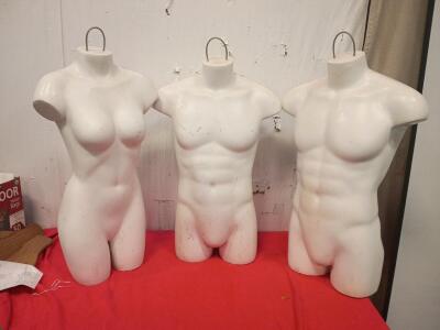 (2)Male Mannequin Torso Full Back Body, (1) Female Mannequin Torso Full Back Body 33" Tall