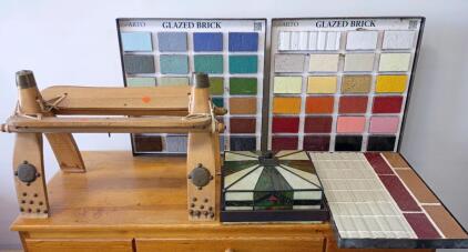 Vintage Egyptian Camel Saddle Stool with Brass Accents. Mission-Style Stained Glass Flush Mount Ceiling Light. (3) Arto Glazed Brick Samples