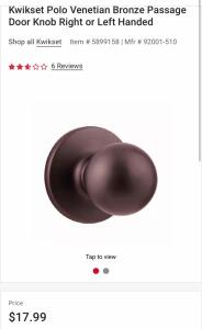 BRAND NEW BUILDING SUPPLIES (30) Kwikset Polo Passage Door Knob In A Venetian Bronze Finish