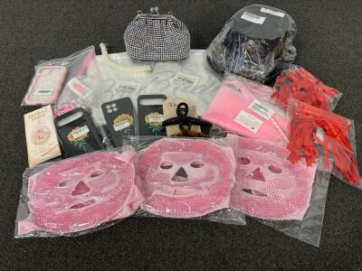 (3) Gel Masks, Phone Cases, (2) Satin Robes (Bridesmaid), Rhinestone Purse, Universal Steam Punk Top Hat, Hair Clips, Red Bows, and More