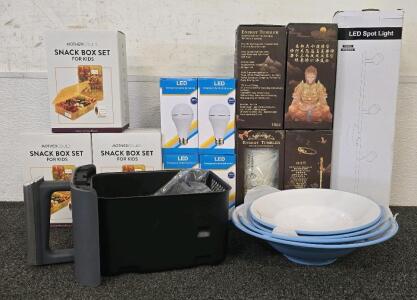 (3) Kids Snafk Bix Sets, (4) LED Lightbulbs, (4) 16oz Tumblr And More!!
