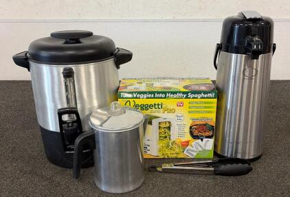 (1) Hamilton Beach Dispening Coffee Urn, (1) Veggetti Pro, (1) Service Ideas Eco-Air Airpot With A Pump Lid, And More!!