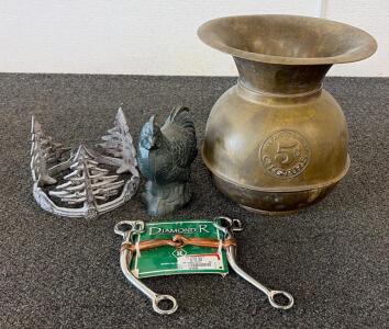 Vintage Lot!! (1) Cast Iron Rooster, (1) Cast Irom Spittoon, (1) Diamond R By Reinsman Tom Thumb Cooper-Mouth Horse Bit, And More!!