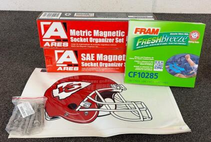 (2) Ares SAE Magnetic Socket Organizer Sets, (1) Bag Of Climbing Anchor Bolts, (1) Fran Fresh Breeze Cabin Air Filter, And More!
