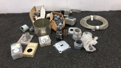 Various Electrical Parts: Circuit Breaker, Outlets, Screws, Pipes, Conduit Connectors, Pipe, Washers