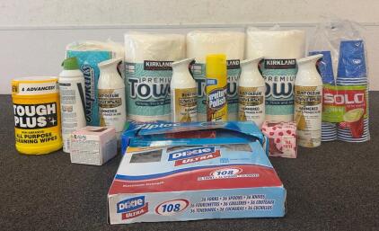 (3) Kirkland Premium Towels, (1) Box Of Tough Plus All Purpose Cleaning Wipes, (4) Containers Of Rust-Oleum Hammered Paint And Primer In One, And More!!