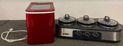 Bella Triple Slow Cooker And Buffet Server (Works), Red Portable Countertop Ice Maker (Works)