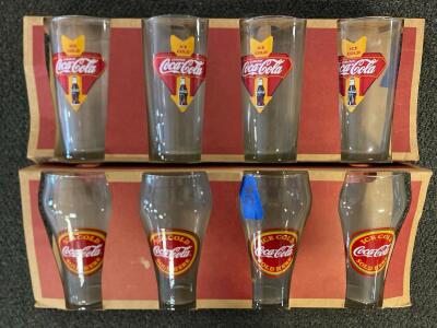 Collectible CocaCola Clock And (2) Sets Of Vinatge CocaCola Glasses