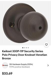 (5) Kwikset Polo Privacy Door Knob In Venetian Bronze Finish