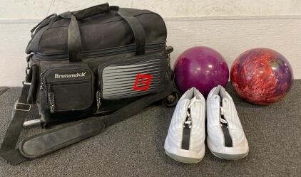 Brunswick 2-Ball Roller Bowling Bag With (2) Balls, Mens Size 9 Dexter Shoes, And More