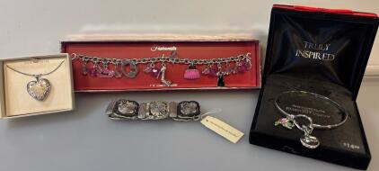 Variety Of Jewelry Including &ldquo;Truly Inspired&rdquo; Fine Silver Plates Bracelet, Sterling Silver Locket Necklace, Fashionista Charm Bracelet, And Christopher & Banks Bracelet