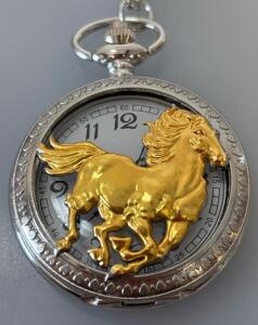 Two-Tone Quartz Pocket Watch W/ Gold-Plated Horse Design