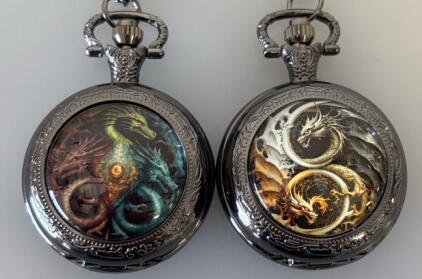 (2) Small Quartz Dragon-Themed Pocket Watch Necklaces