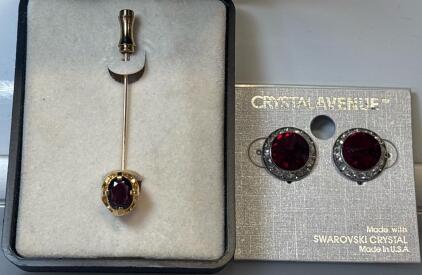 Vintage Gold-Toned Stick Pin W/ Garnet Cabochon And Pair Of CRYSTALAVENUE Earrings Made With Swarovski Crystal