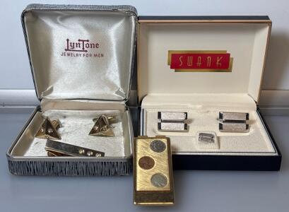 Vintage Men's Jewelry, Specifically Cufflinks And Tie Clips From Brands LynTone And Swank W/ Vintage Anson Money Clip Featuring Facsimile Coins