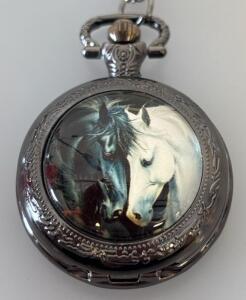 Horse Pattern Quartz Pocket Watch Necklace W/ Gunmetal Finish Chain