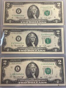 (3) United States Two-Dollar Bills 1976
