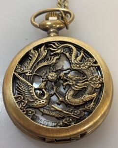 Antique-Style Quartz Dragon Design Pocket Watch Bronze Or Gold-Tone W/ Chain