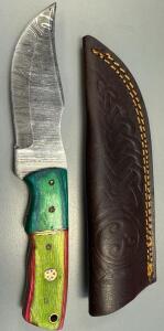 Custom Handmade Fixed-Blade Featuring A Damascus Steel Blade W/ Multicolored Handle W/ Sheath
