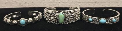 (3) Silver & Turquoise Toned Bracelets